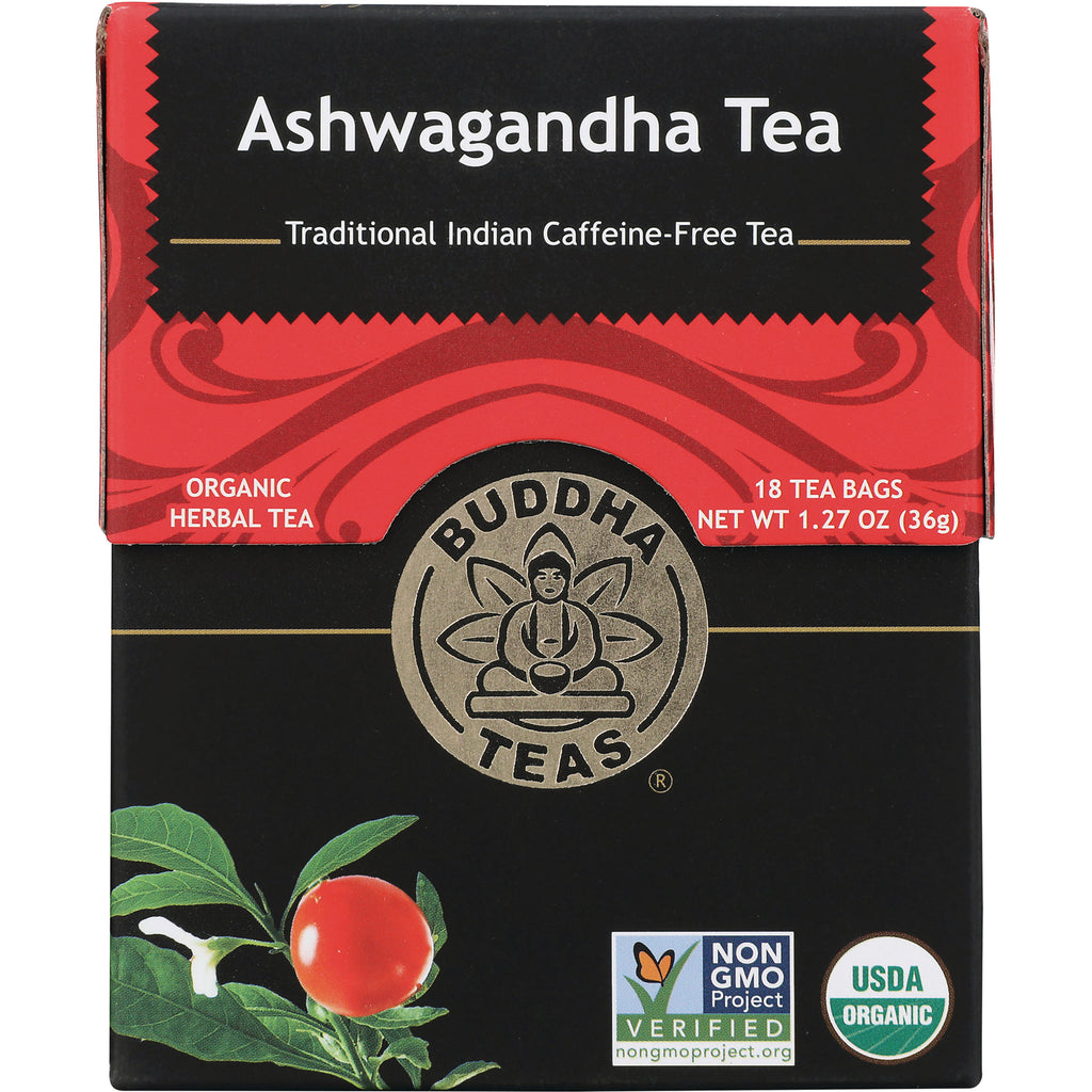 BUD015 | Ashwagandha Tea box front, Buddha Teas logo, 18 tea bags, USDA Organic and Non-GMO labels - Thumbnail