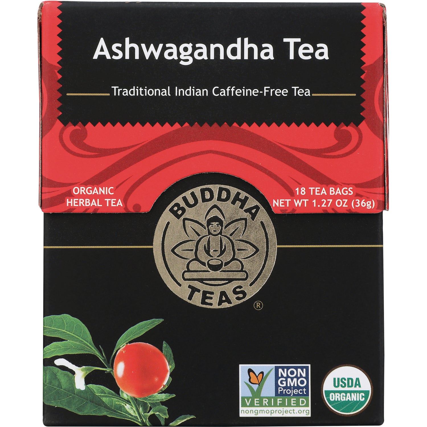 BUD015 | Ashwagandha Tea box front, Buddha Teas logo, 18 tea bags, USDA Organic and Non-GMO labels