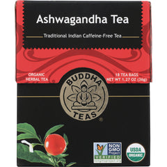 BUD015 | Ashwagandha Tea box front, Buddha Teas logo, 18 tea bags, USDA Organic and Non-GMO labels