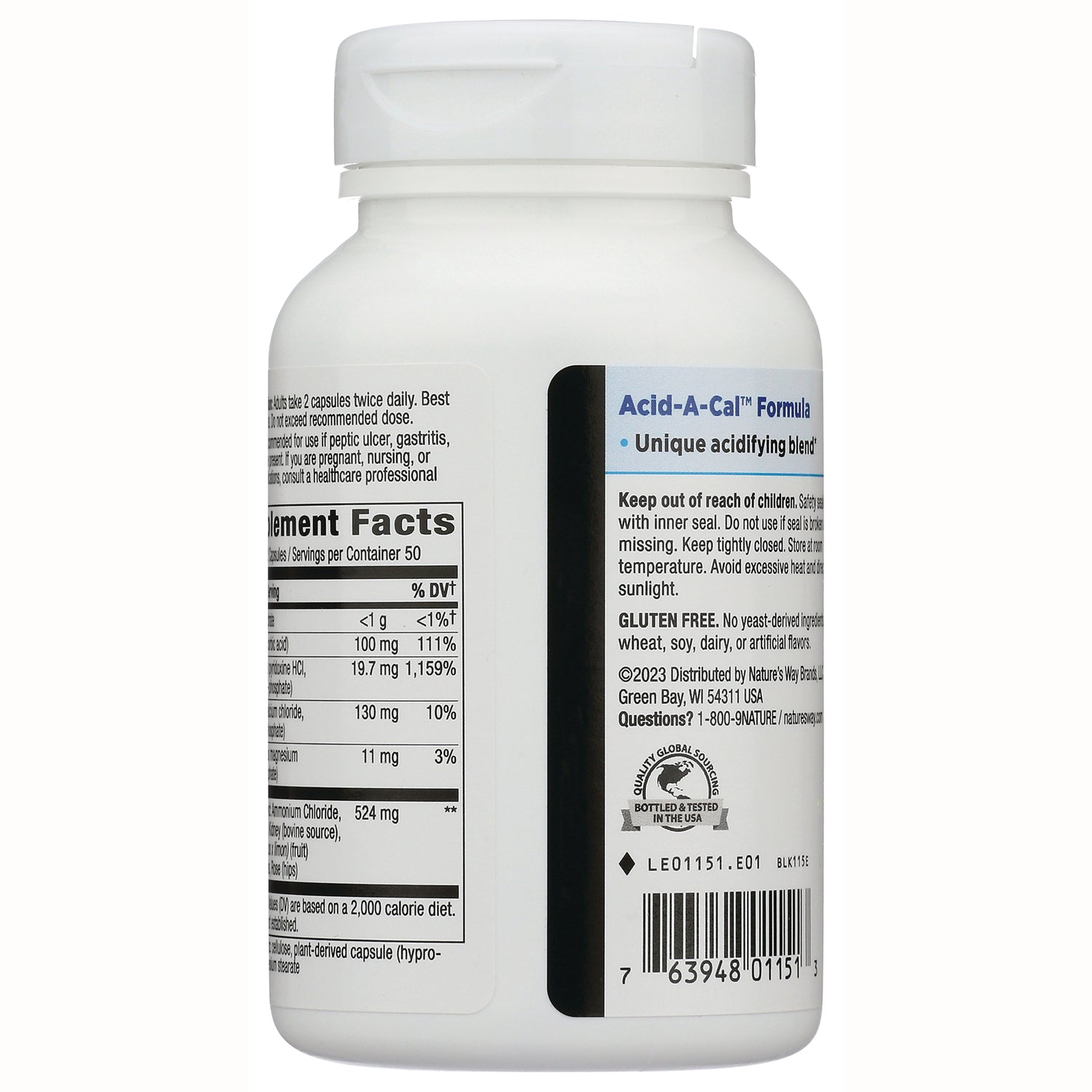 Supplement facts, warnings, and barcode on back of white supplement bottle