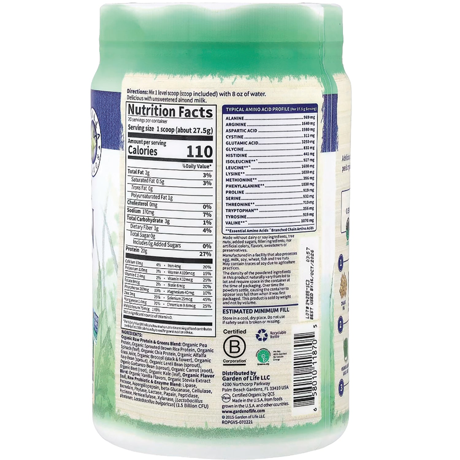 GLF220 | back label showing Nutrition Facts, amino acid profile, ingredients and barcode on green supplement container