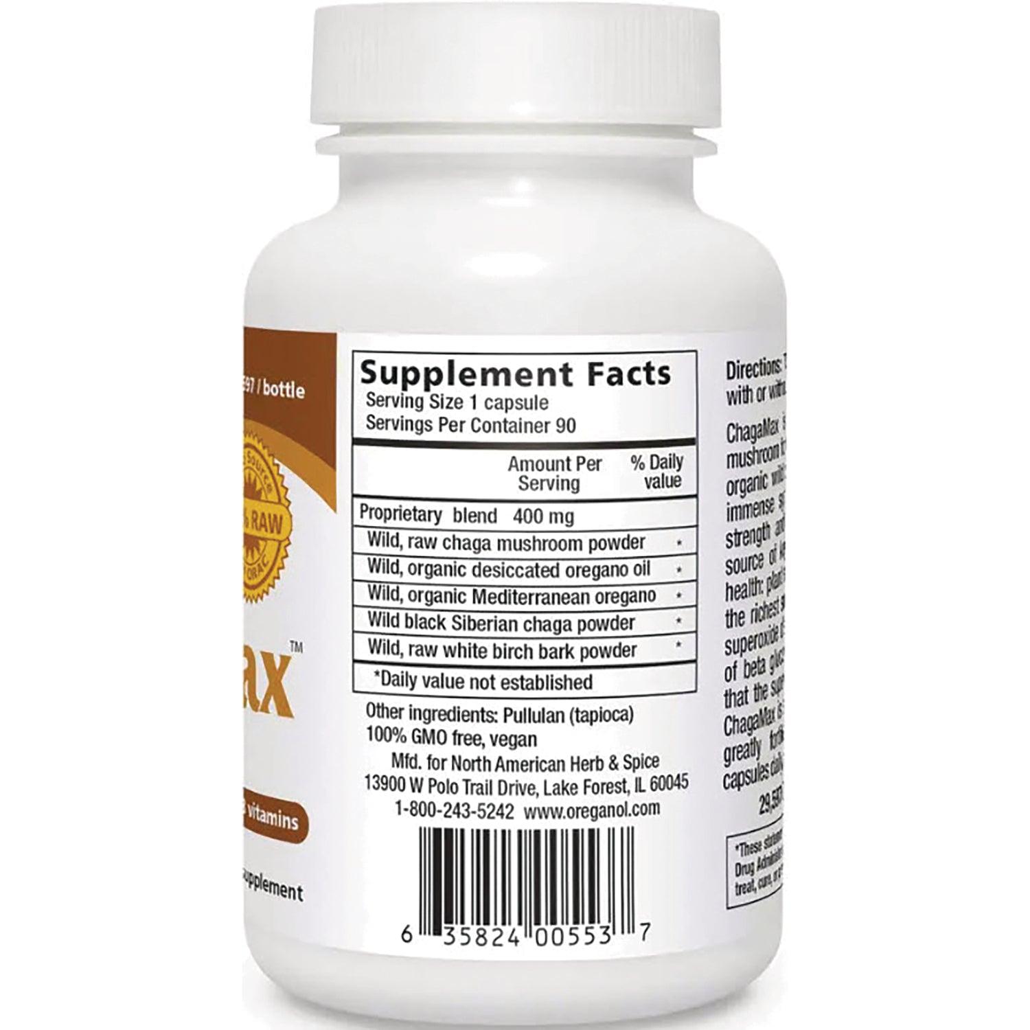 NHS048 | Back of white supplement bottle showing Supplement Facts panel, ingredients list and barcode