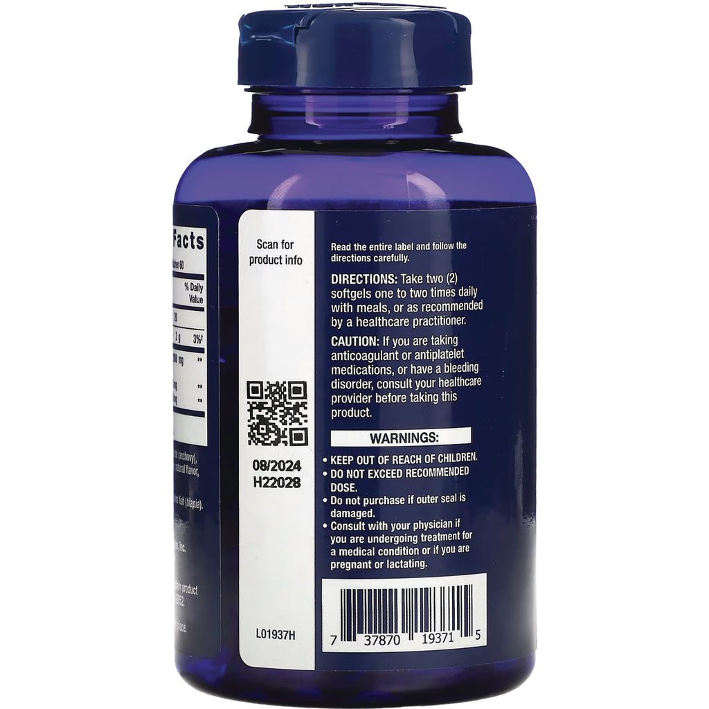 LE388 | Back label of blue supplement bottle showing directions, warnings, QR code, barcode, and lot 08/2024 H22028 - Thumbnail