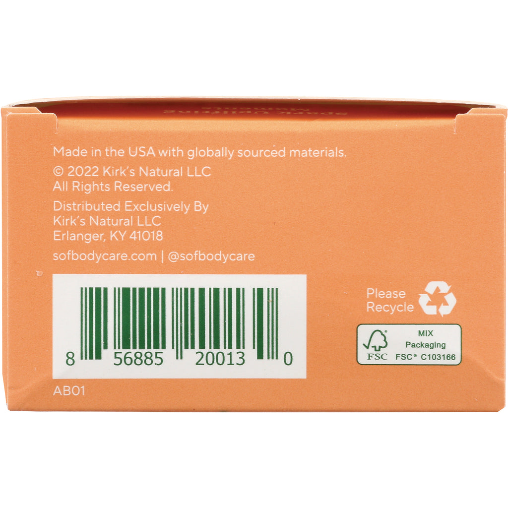 SOF012 | Back of orange soap box with barcode 856885200130, Please Recycle icon, and Kirks Natural contact info - Thumbnail