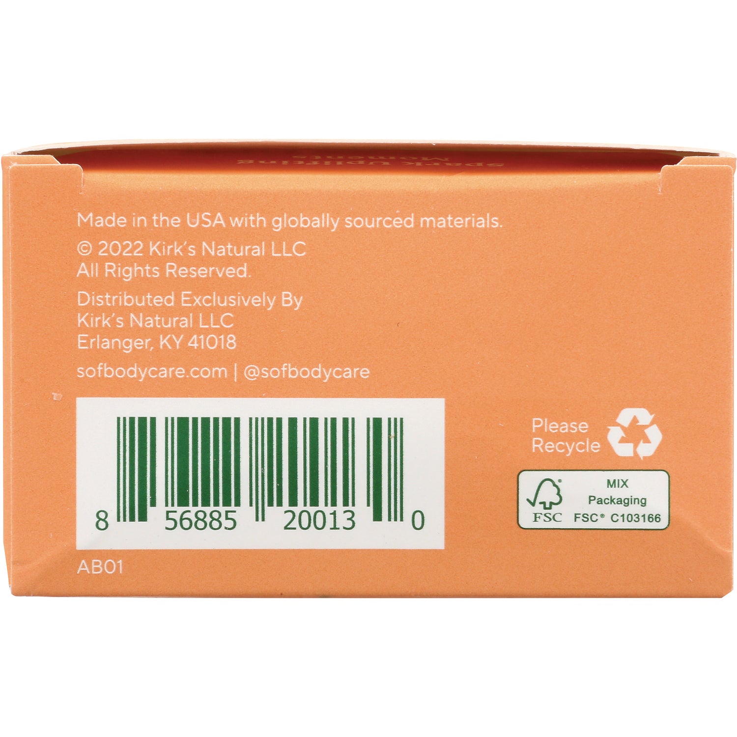 SOF012 | Back of orange soap box with barcode 856885200130, Please Recycle icon, and Kirks Natural contact info