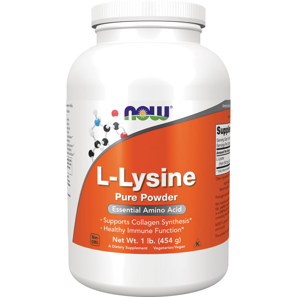 NWF252 | NOW L-Lysine pure powder supplement jar with orange label, 1 lb (454 g) - Thumbnail