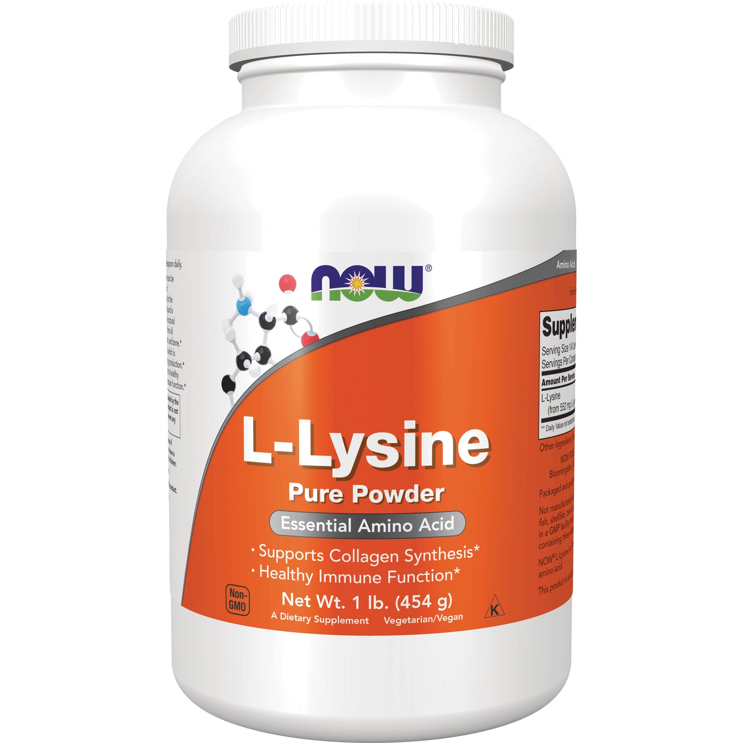 NWF252 | NOW L-Lysine pure powder supplement jar with orange label, 1 lb (454 g)
