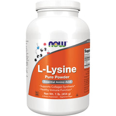NWF252 | NOW L-Lysine pure powder supplement jar with orange label, 1 lb (454 g)