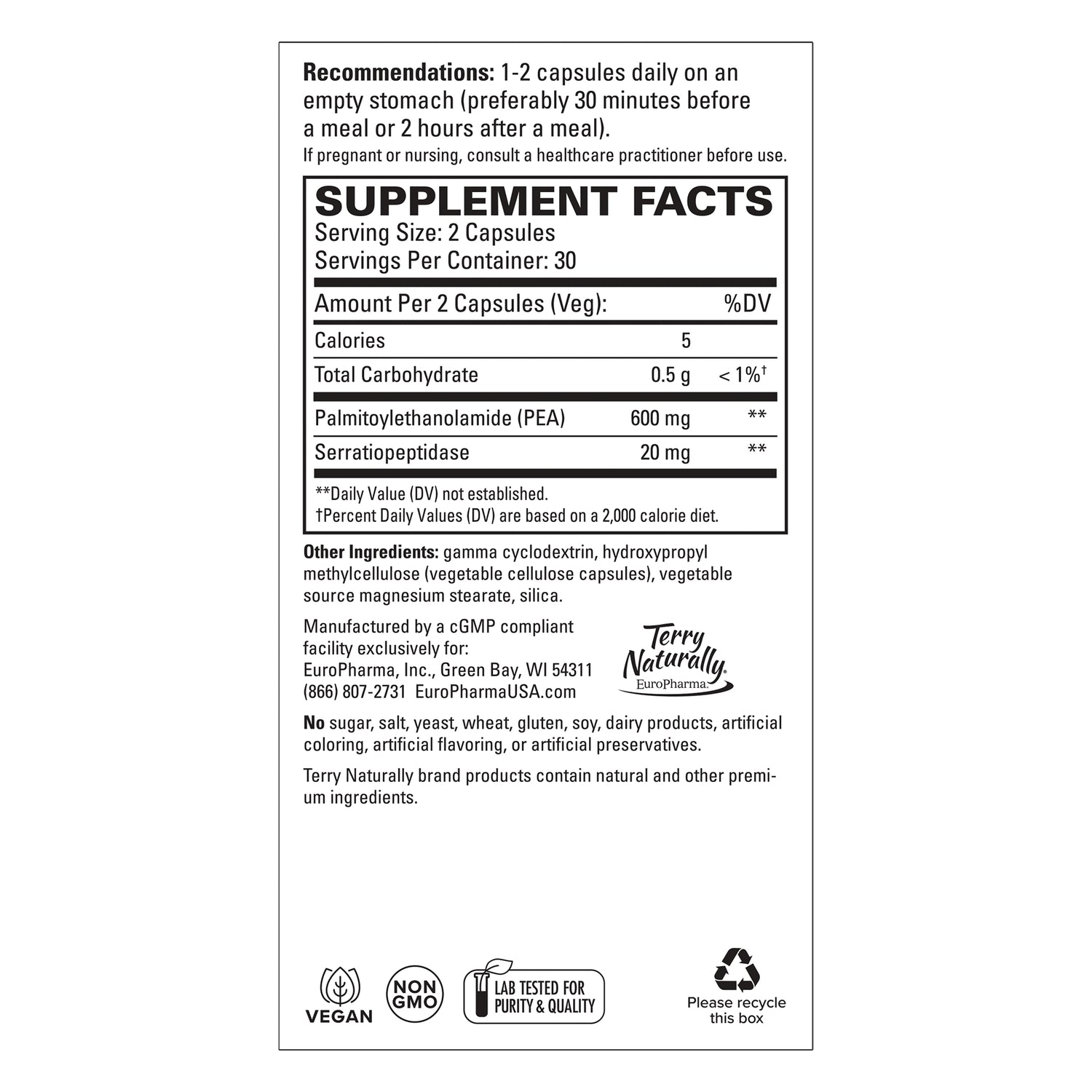 EUR075 | Supplement facts panel for Terry Naturally EuroPharma capsules with ingredients, directions, and certifications