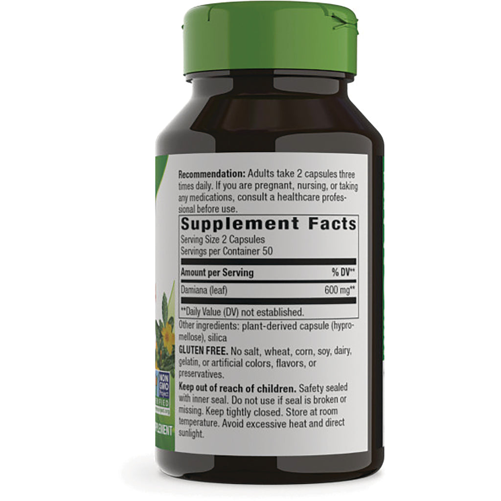 NW932 | Back of brown supplement bottle showing Supplement Facts label with serving size 2 capsules and Damiana 600 mg - Thumbnail