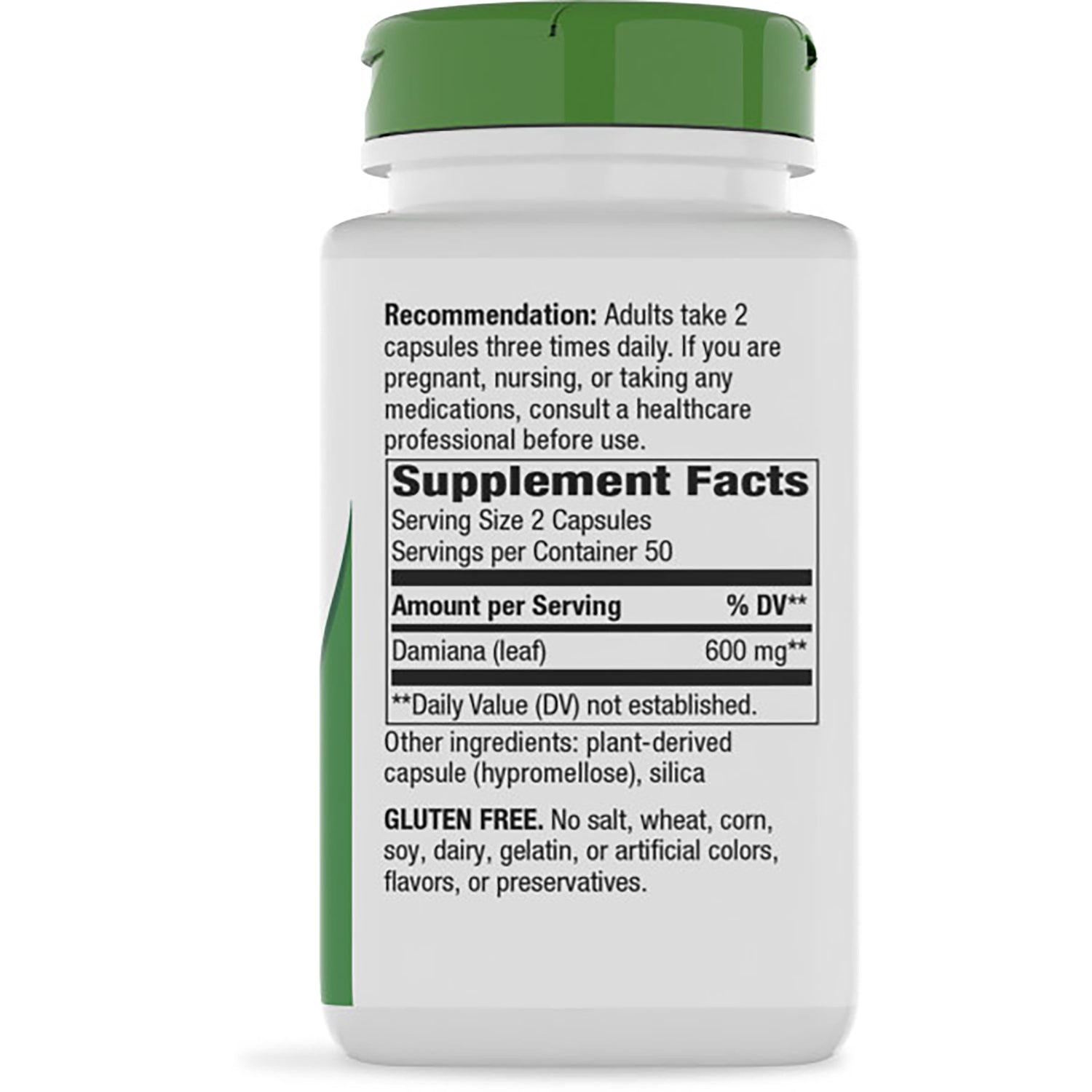 NW932 | Back of brown supplement bottle showing Supplement Facts label with serving size 2 capsules and Damiana 600 mg