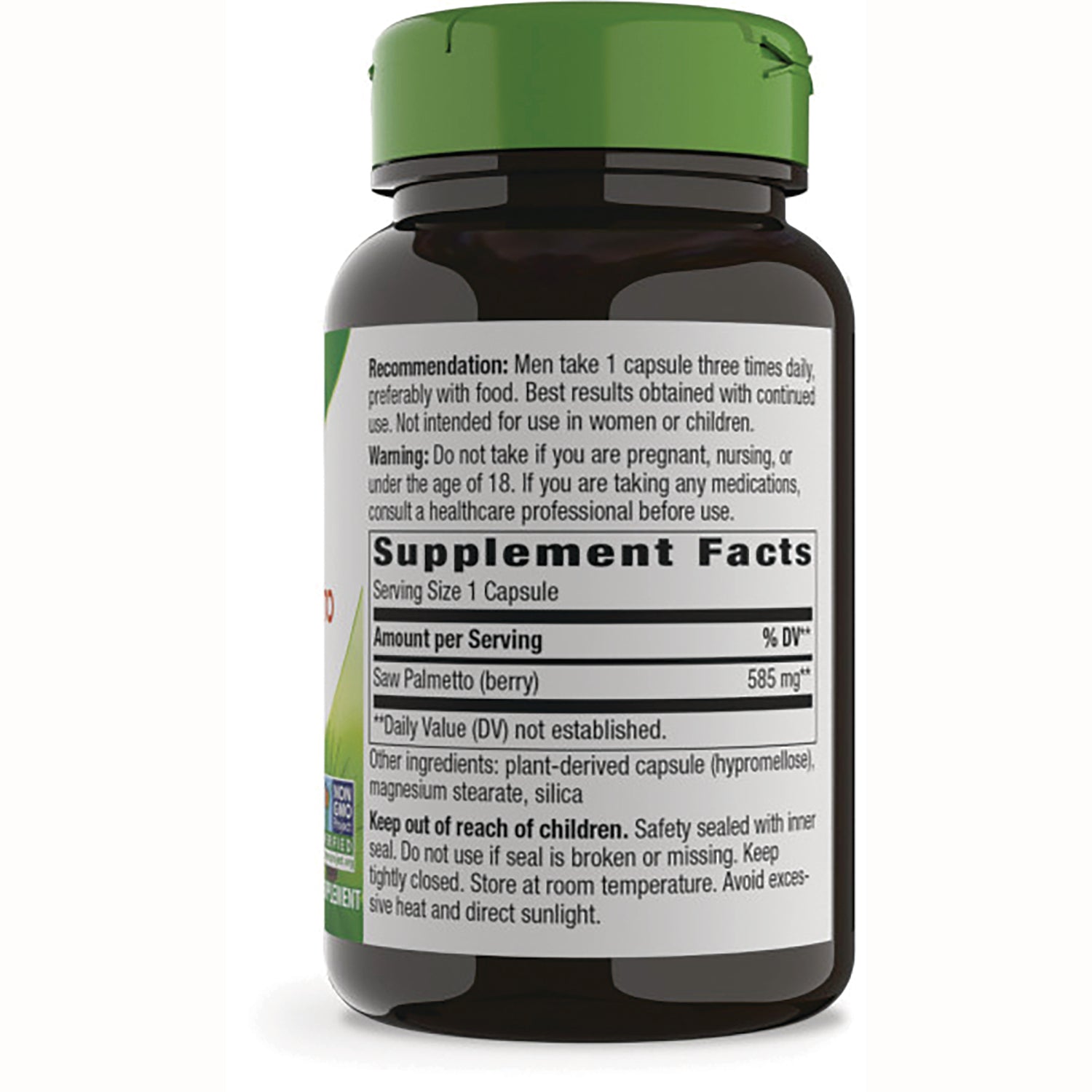 NW472 | Back of brown supplement bottle showing Supplement Facts label, serving size 1 capsule and ingredient warning