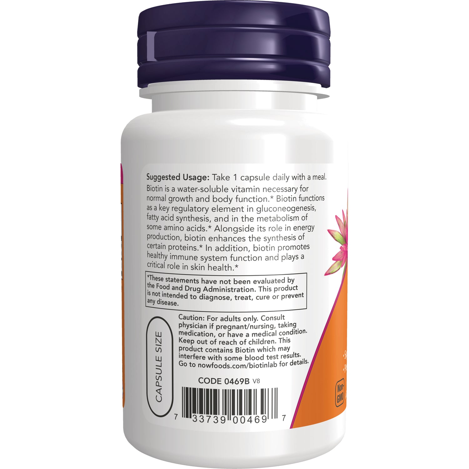 NWF027 | Back label of white supplement bottle showing suggested usage, caution box, capsule size oval, and barcode