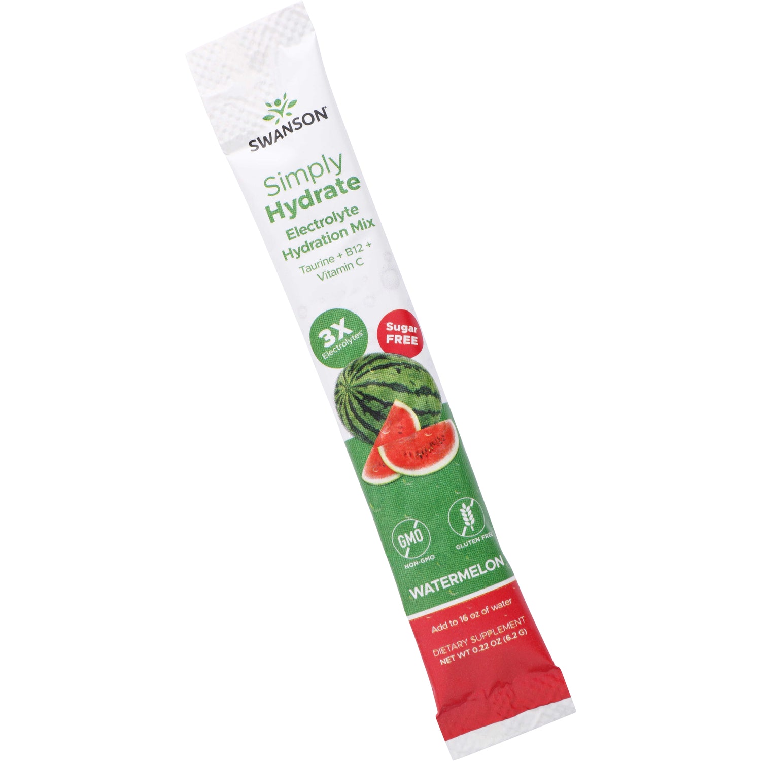 SW1939 | Swanson Simply Hydrate watermelon electrolyte hydration mix single-serve stick, sugar free, shows 3X electrolytes