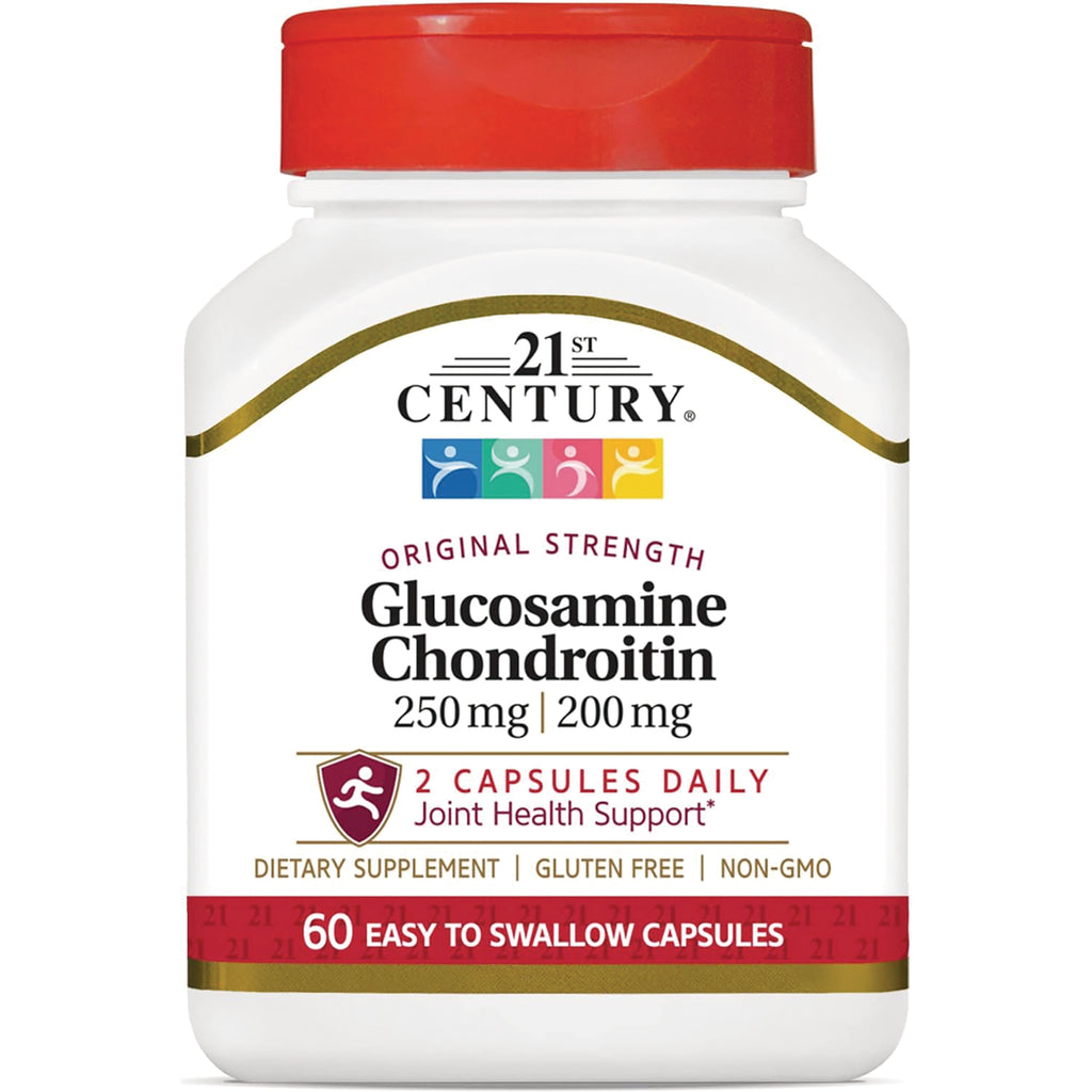 CNT060 | White bottle with red cap, 21st Century Glucosamine Chondroitin 250 mg | 200 mg, 60 easy to swallow capsules - Thumbnail
