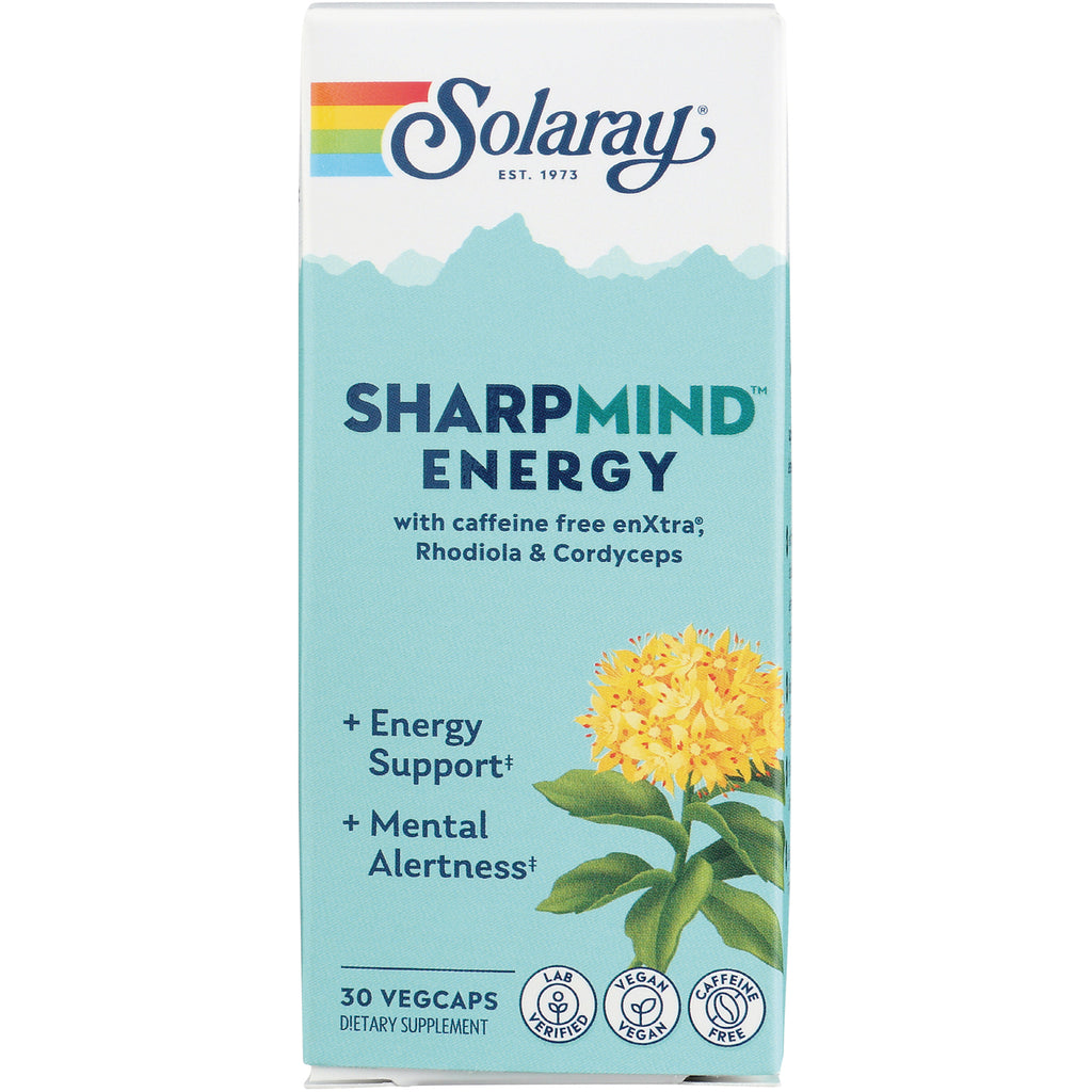 SLR489 | Solaray SHARPMIND ENERGY supplement box front with yellow flower illustration and 30 vegcaps - Thumbnail
