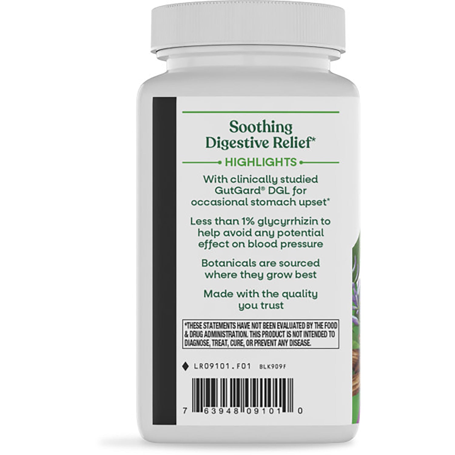 ET360 | back label infographic for digestive relief supplement showing chocolate flavored text, ingredient blurb and barcode