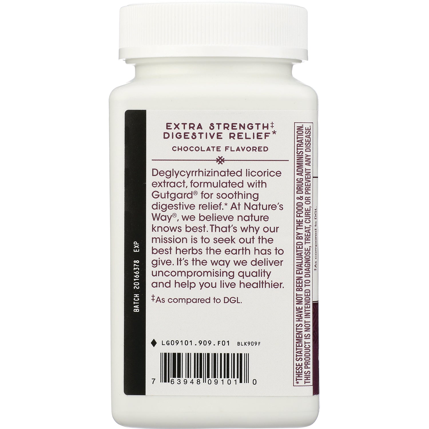 ET360 | back label infographic for digestive relief supplement showing chocolate flavored text, ingredient blurb and barcode