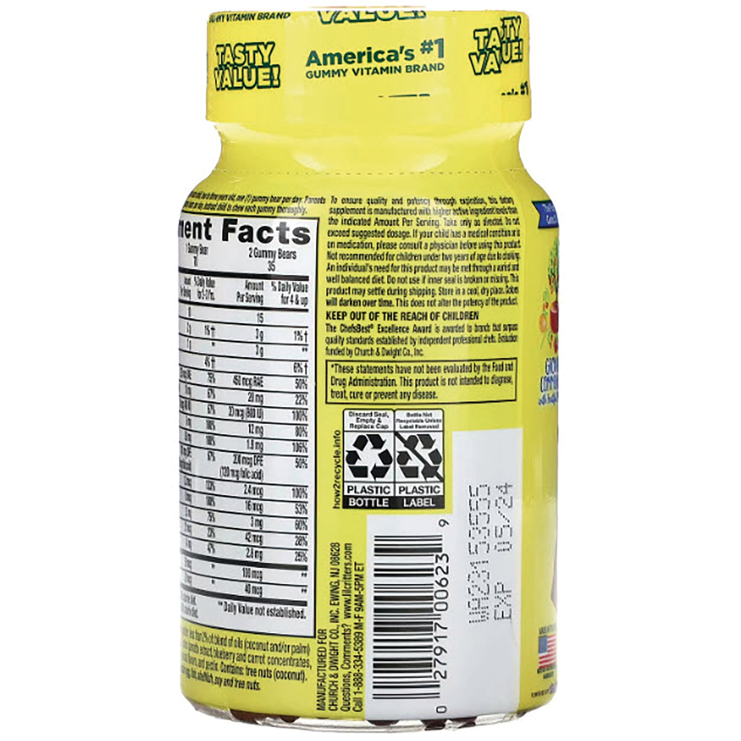 LCR006 | Back of yellow gummy vitamin bottle showing Nutrition Facts panel, barcode, recycling symbols and small text