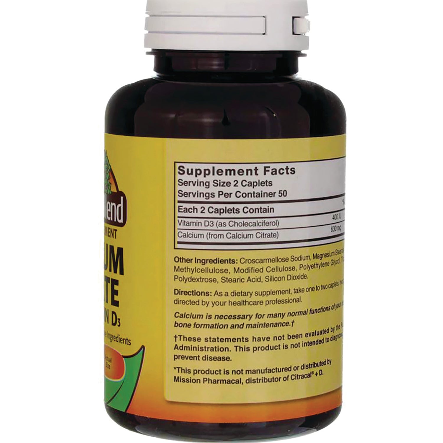 NAB028 | Back of brown supplement bottle showing Supplement Facts panel, other ingredients and directions