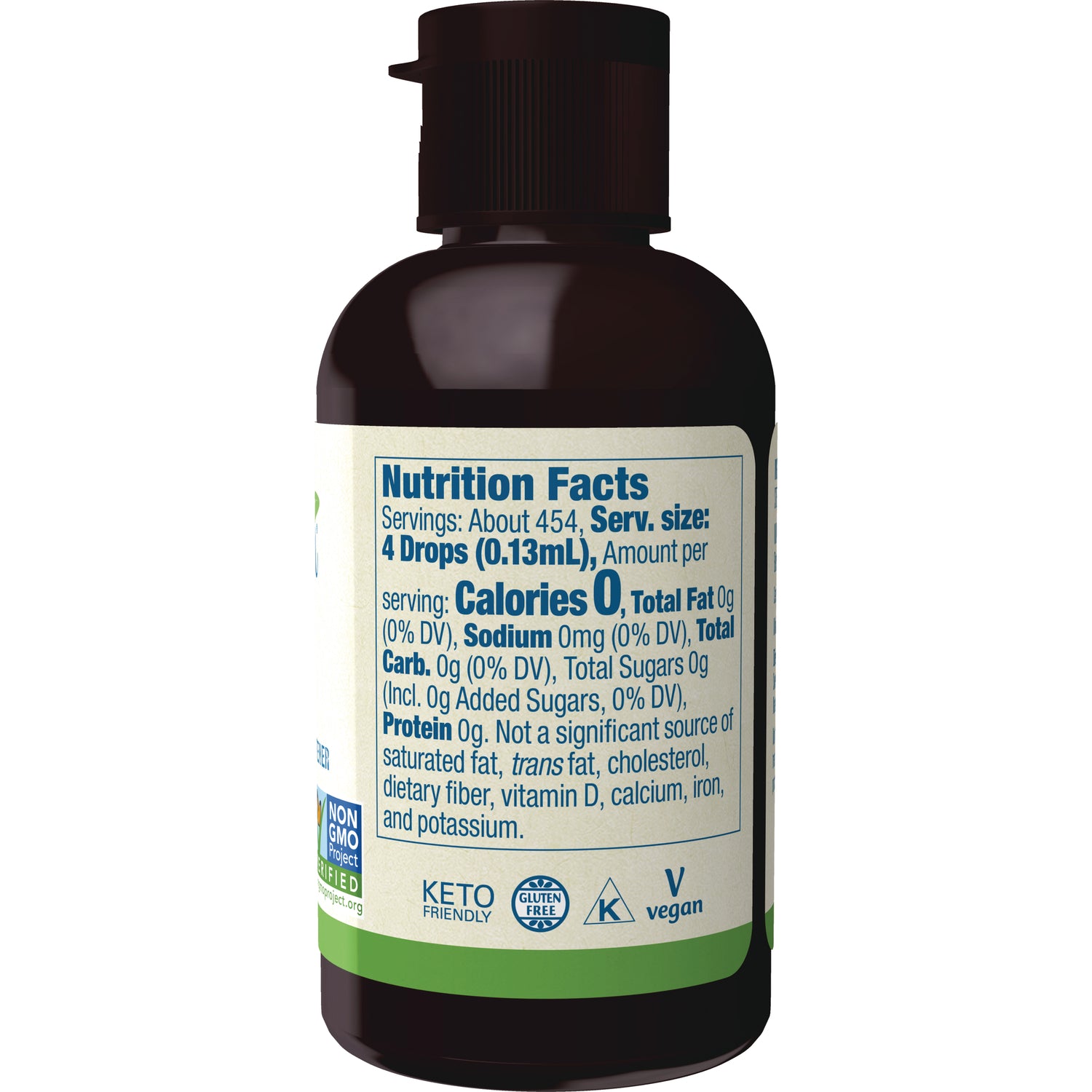 NWF116 | back label showing Nutrition Facts panel and icons for keto friendly, gluten free, vegan