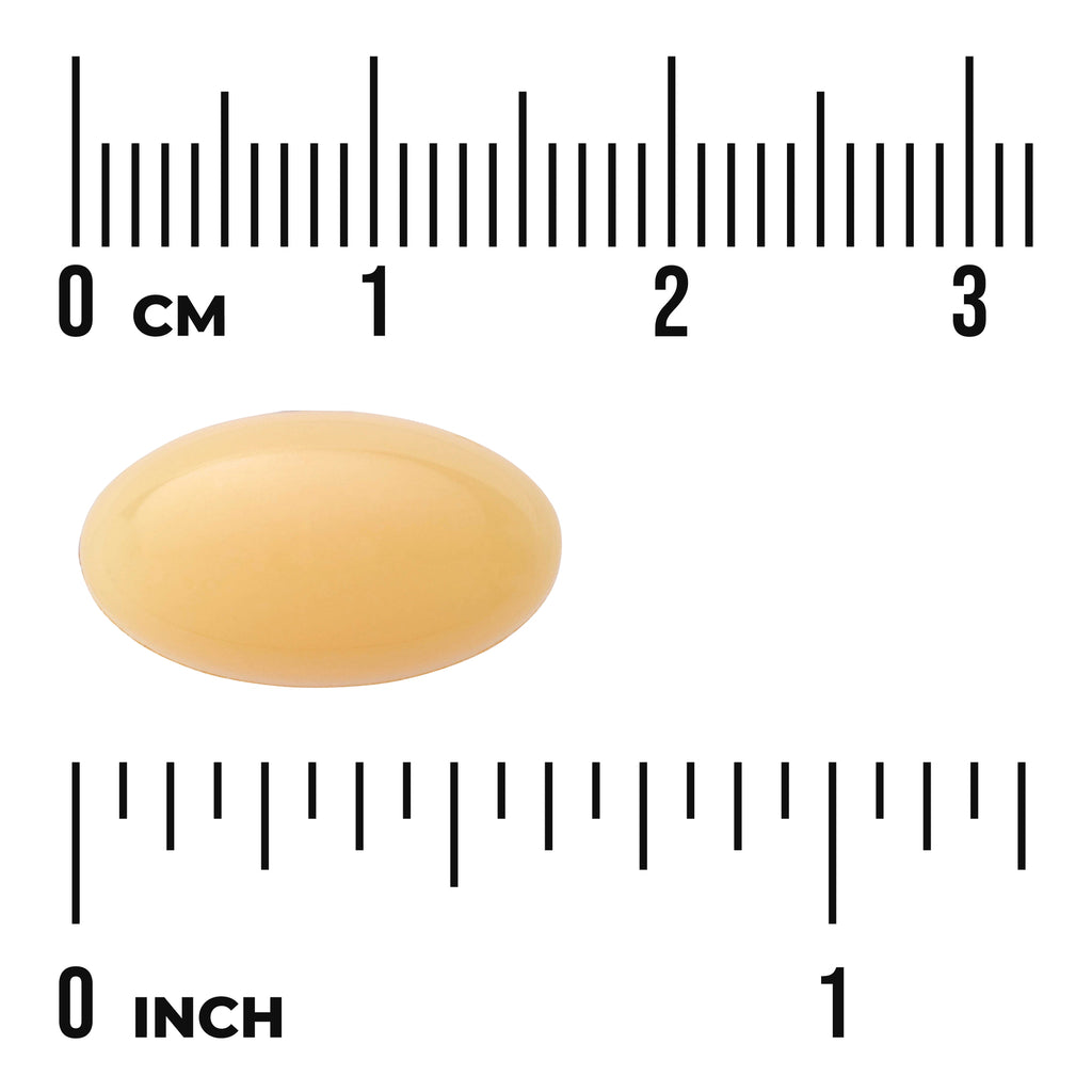 SWU289 | Softgel capsule shown to scale with centimeter and inch rulers - Thumbnail