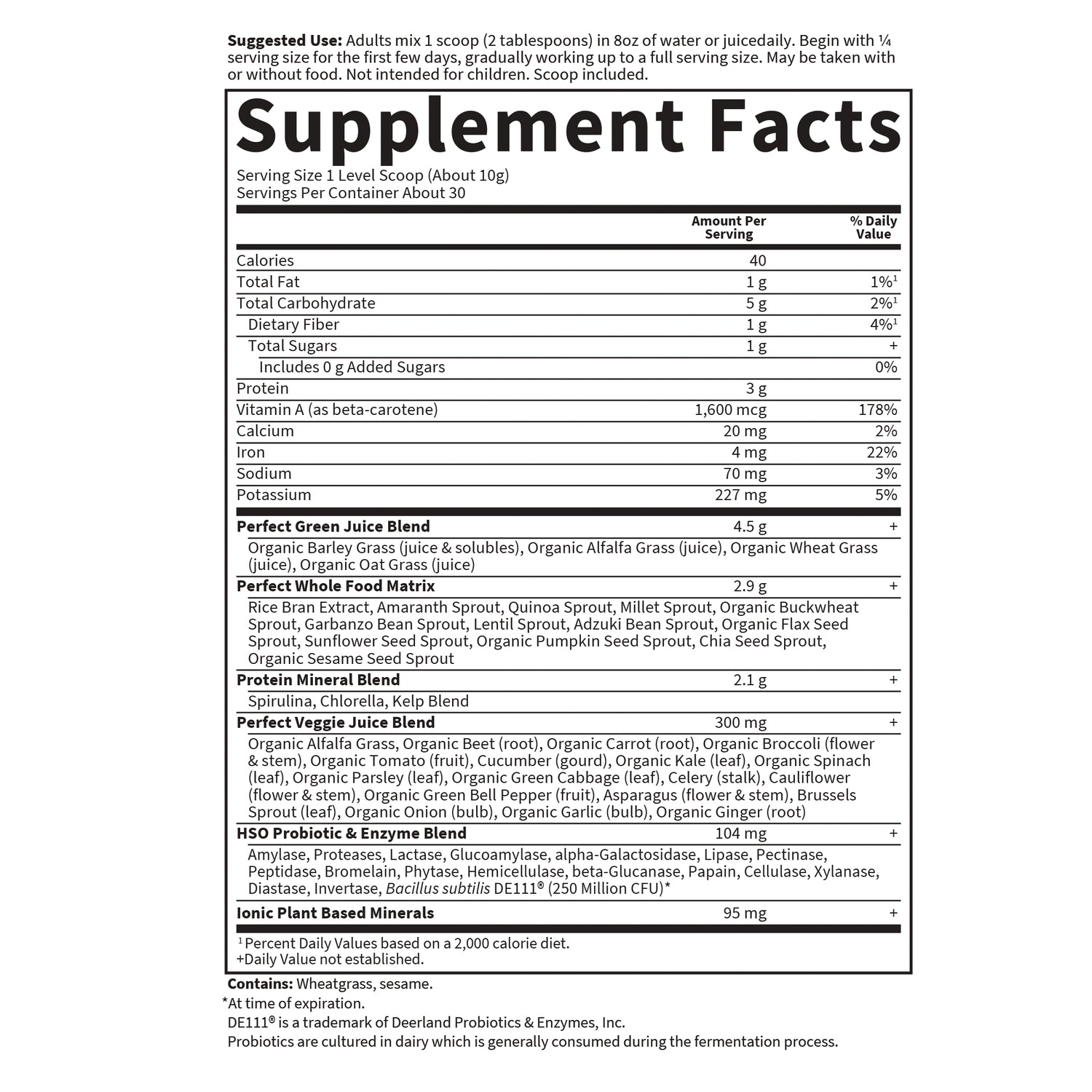 GLF086 | Supplement Facts label showing serving size, nutrition amounts per serving, and lists of ingredient blends