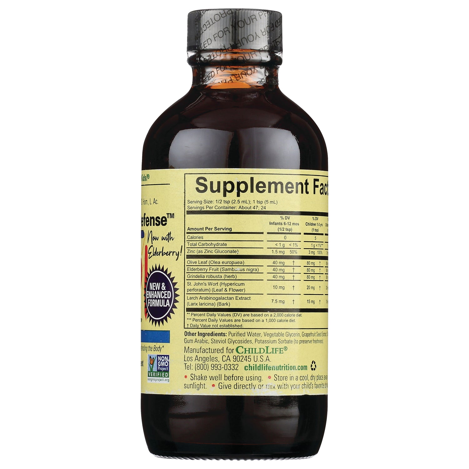 CHL005 | Back of amber bottle showing Supplement Facts panel and ingredient text for ChildLife supplement