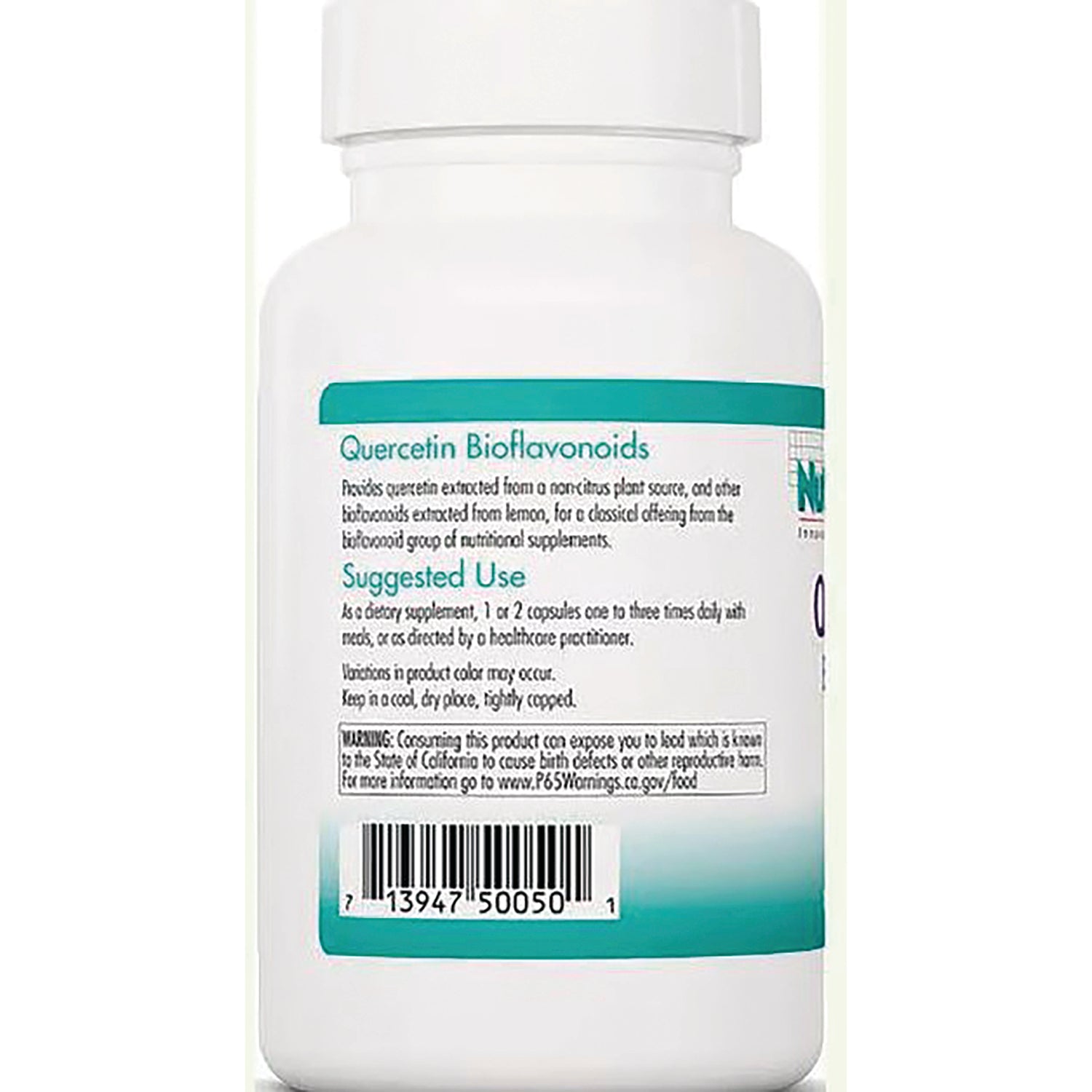 NCL062 | Back of white supplement bottle labeled Quercetin Bioflavonoids with suggested use text and barcode