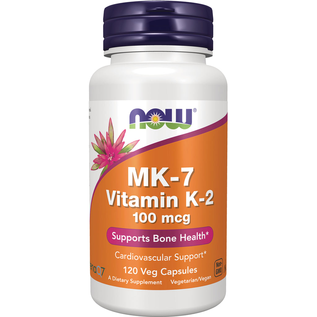 NWF1367 | NOW MK-7 Vitamin K-2 100 mcg white bottle front with orange label and 120 Veg Capsules - Thumbnail