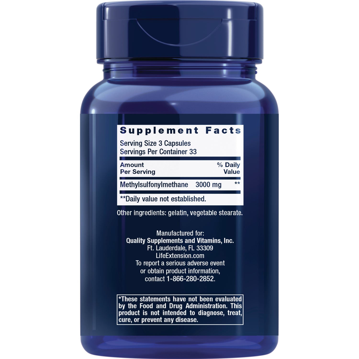 LE158 | back of blue supplement bottle showing Supplement Facts panel listing Methylsulfonylmethane 3000 mg and manufacturer contact