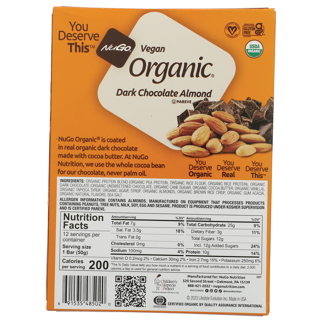 NUG001 | Back of NuGo Organic Dark Chocolate Almond box showing nutrition facts, ingredients and almonds image - Thumbnail
