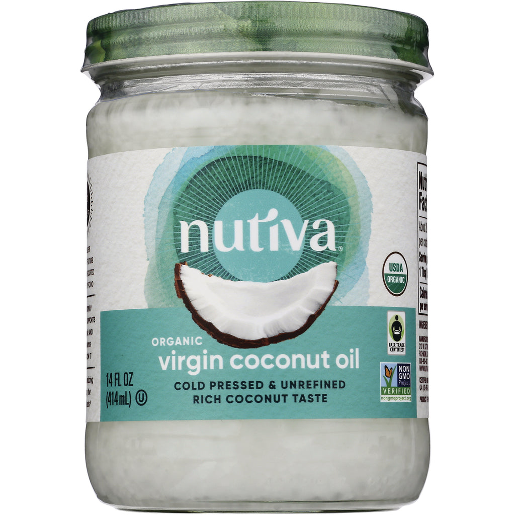 NTV043 | Jar of Nutiva organic virgin coconut oil, 14 fl oz, front label with coconut image and certification logos - Thumbnail