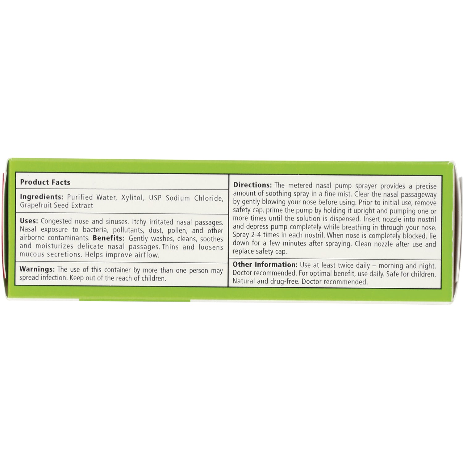 XL001 | Back panel with Product Facts, ingredients, directions, and warnings for nasal spray