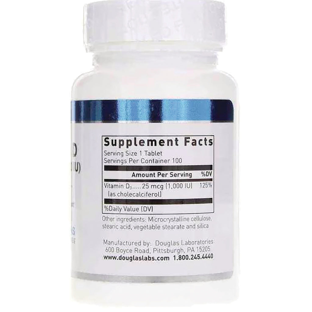 DGL008 | Back of white supplement bottle showing Supplement Facts label with serving size and Vitamin D 25 mcg (1,000 IU) - Thumbnail