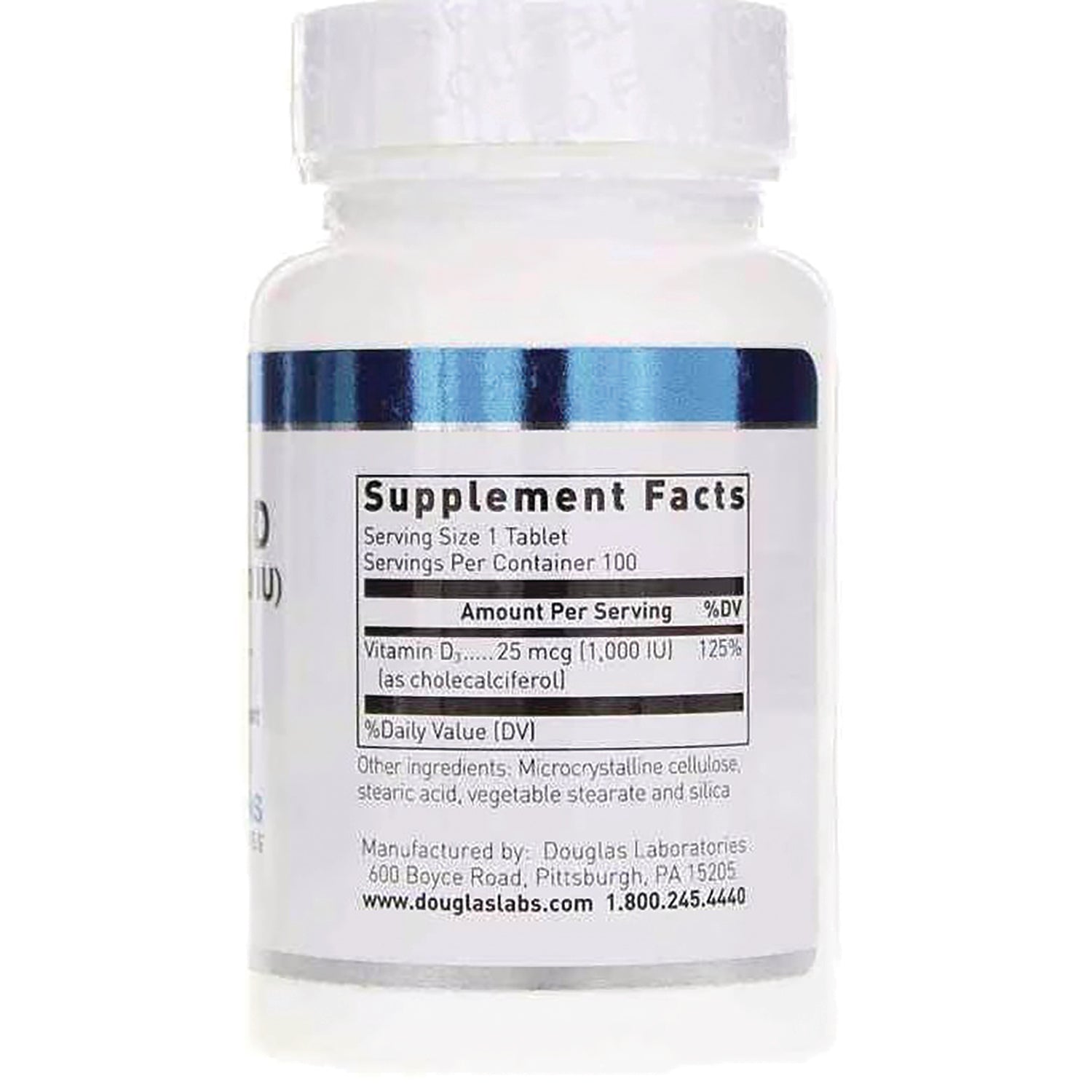 DGL008 | Back of white supplement bottle showing Supplement Facts label with serving size and Vitamin D 25 mcg (1,000 IU)