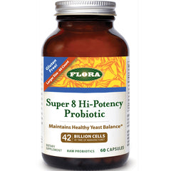FL078 | Flora Super 8 Hi-Potency Probiotic bottle front label reading 42 billion cells, 60 capsules, gluten free