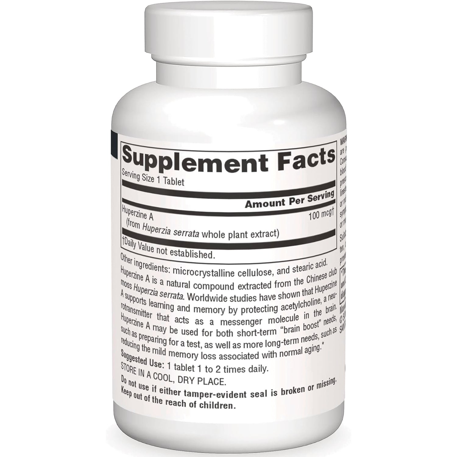 SN719 | Back label with Supplement Facts for Huperzine A, 100 mcg per tablet
