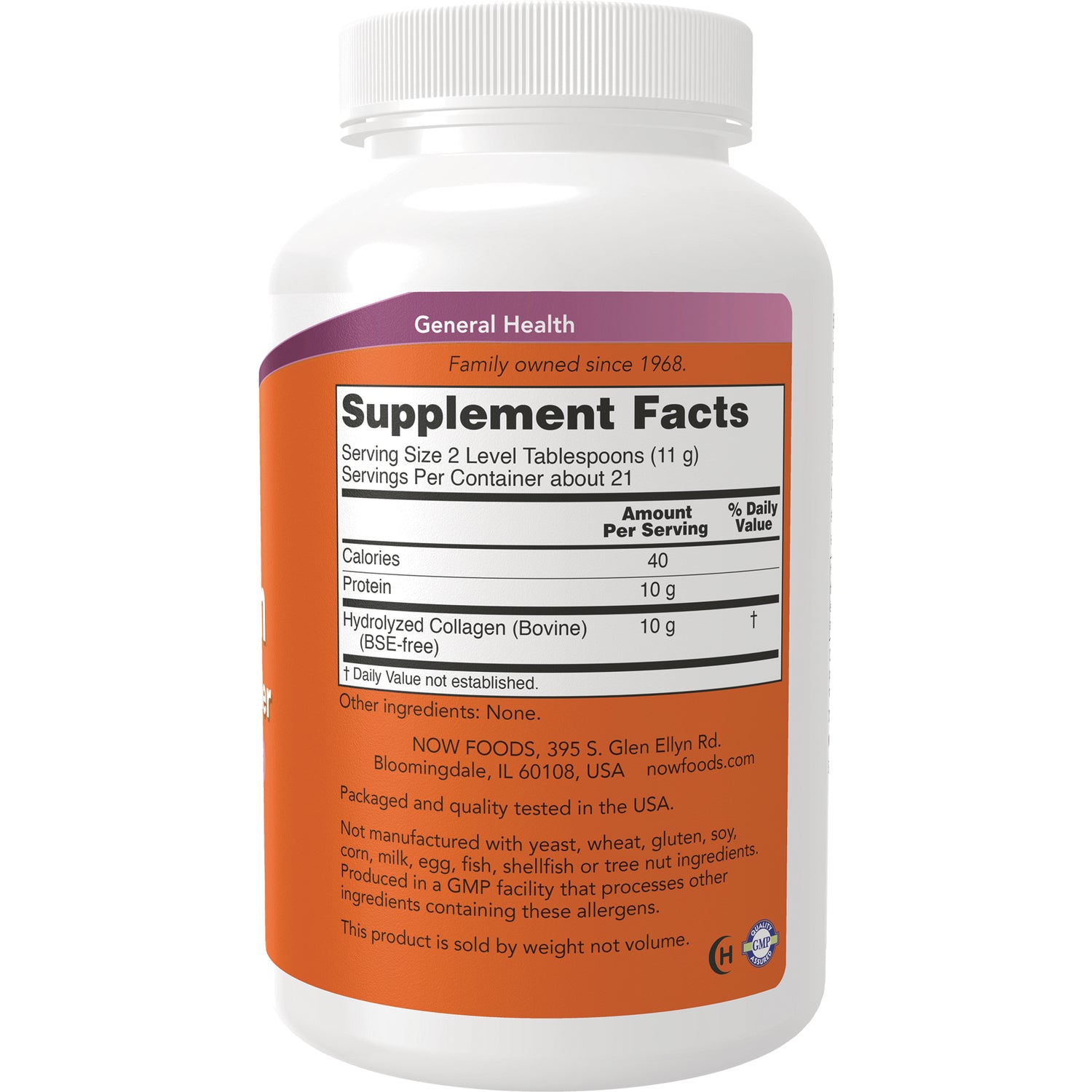 NWF1431 | Back of white supplement bottle showing Supplement Facts label listing Hydrolyzed Collagen (Bovine) 10 g and serving size