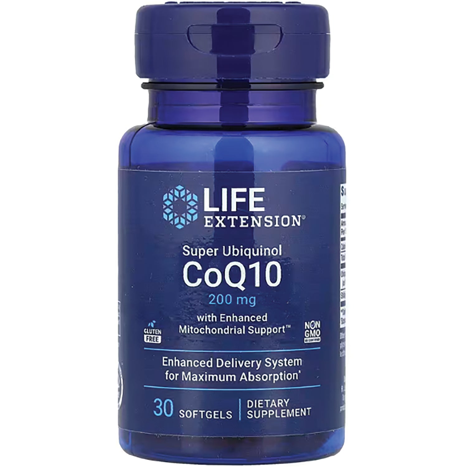 LE113 | Life Extension Super Ubiquinol CoQ10 200 mg bottle showing label and 30 softgels
