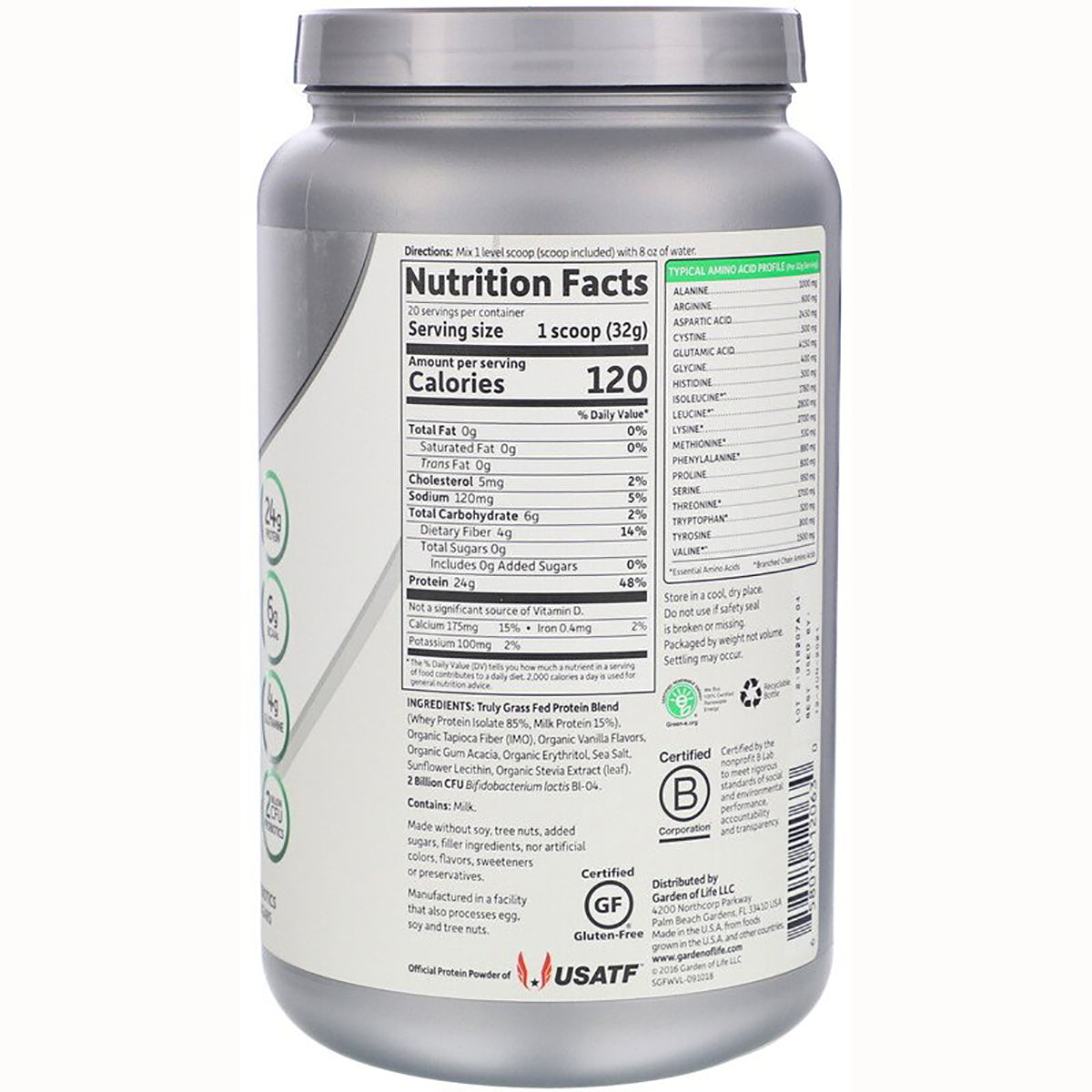 GLF230 | Nutrition Facts and ingredient label on back of protein powder container