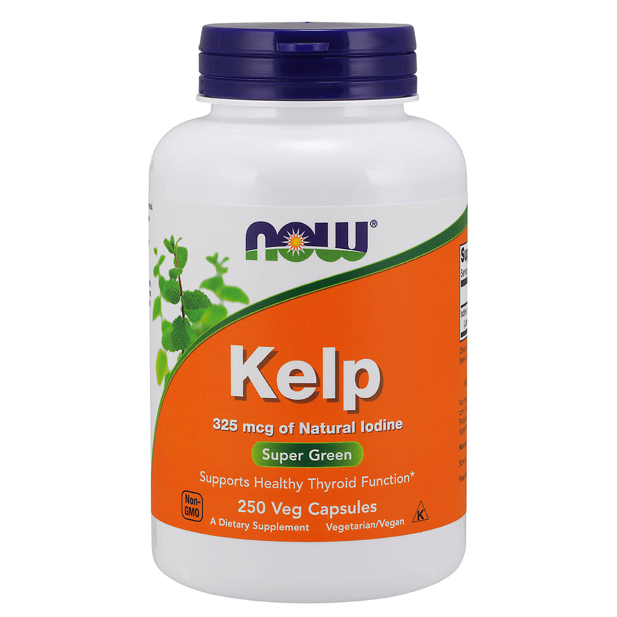 NWF1019 | NOW Kelp supplement bottle front label, 325 mcg natural iodine, 250 veg capsules