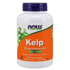 NWF1019 | NOW Kelp supplement bottle front label, 325 mcg natural iodine, 250 veg capsules