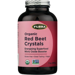 Flora organic Red Beet Crystals supplement bottle with pink label reading Organic Red Beet Crystals, 7 oz (200 g)