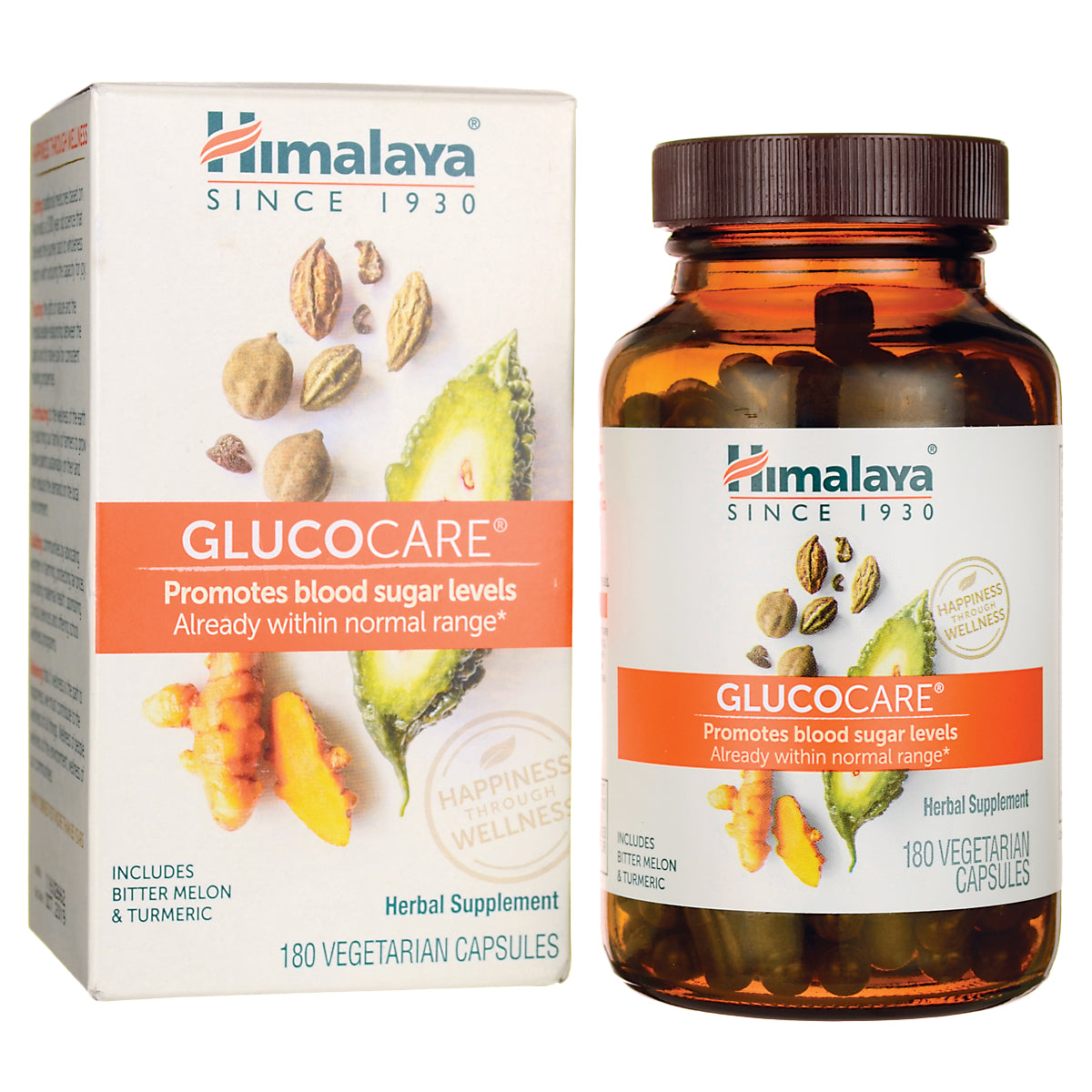 HHH008 | Himalaya Glucocare bottle and box labeled GLUCOCARE, 180 vegetarian capsules