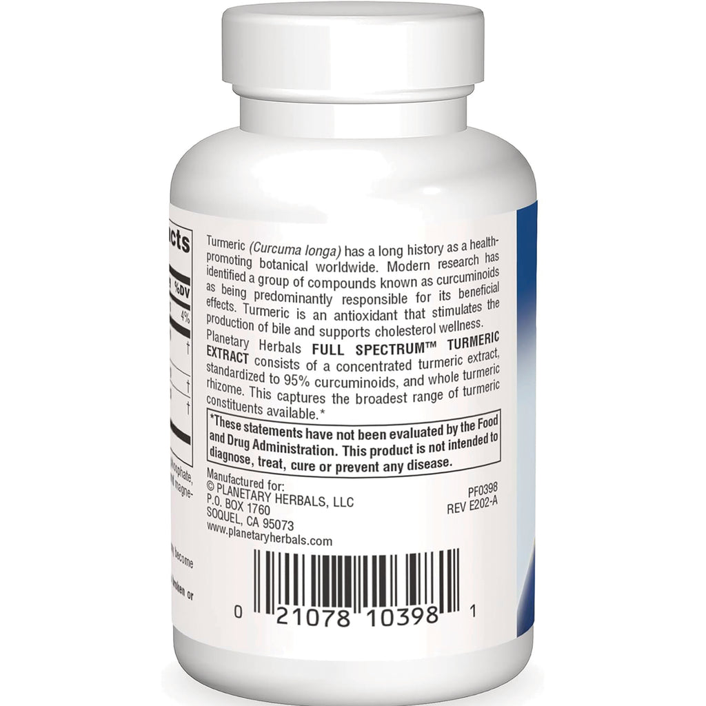 PF175 | Back of white supplement bottle showing turmeric extract description, warning box, manufacturer info and barcode - Thumbnail