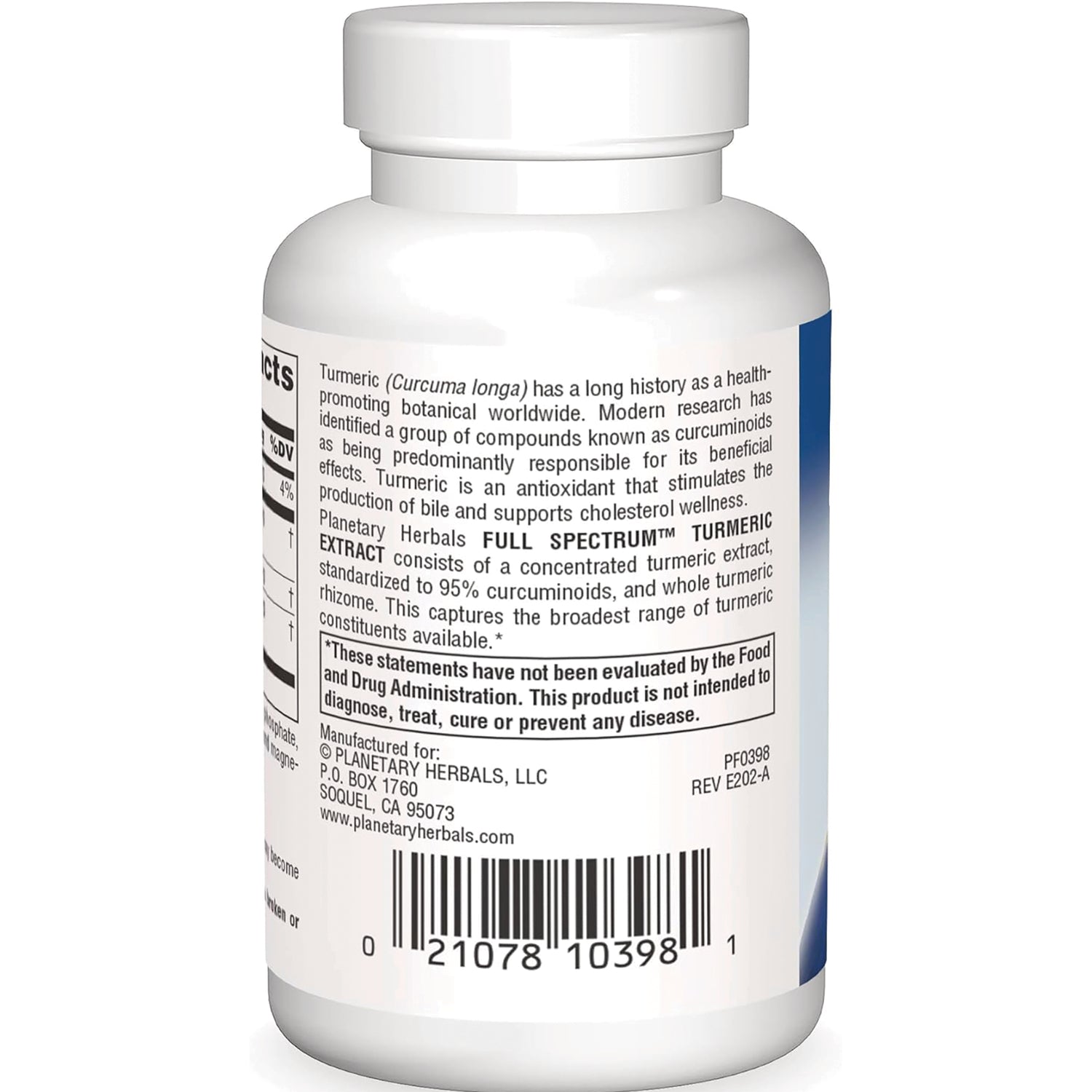 PF175 | Back of white supplement bottle showing turmeric extract description, warning box, manufacturer info and barcode