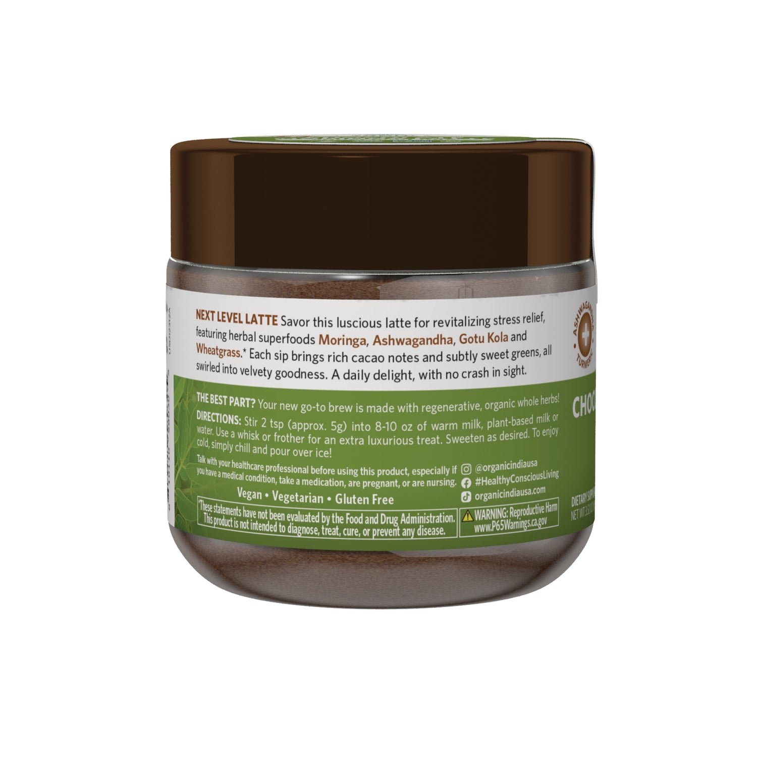 RGN109 | Back label of jar showing Next Level Latte description, directions, and vegan, vegetarian, gluten free claims