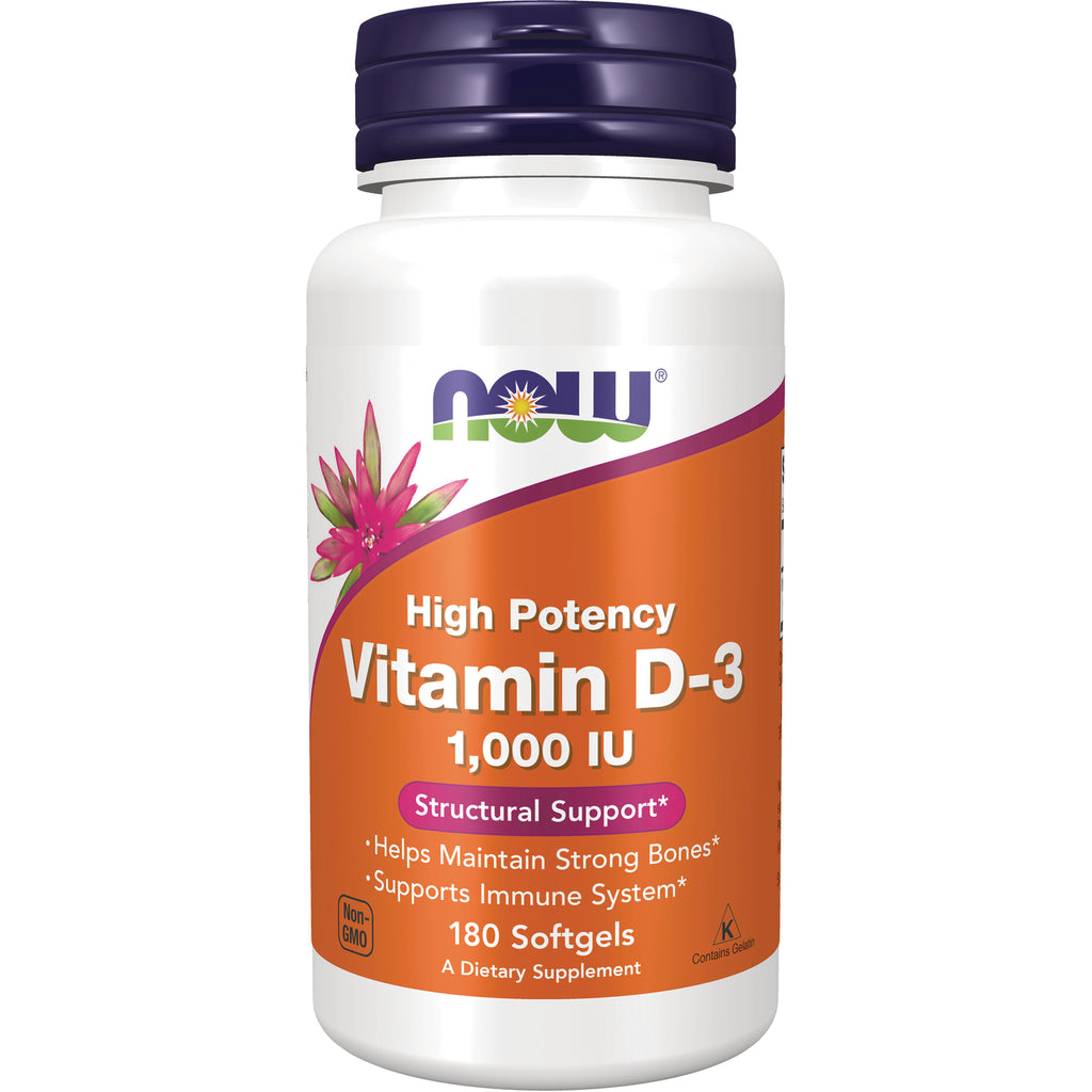 NWF107 | NOW High Potency Vitamin D-3 1,000 IU 180 Softgels bottle front orange label - Thumbnail