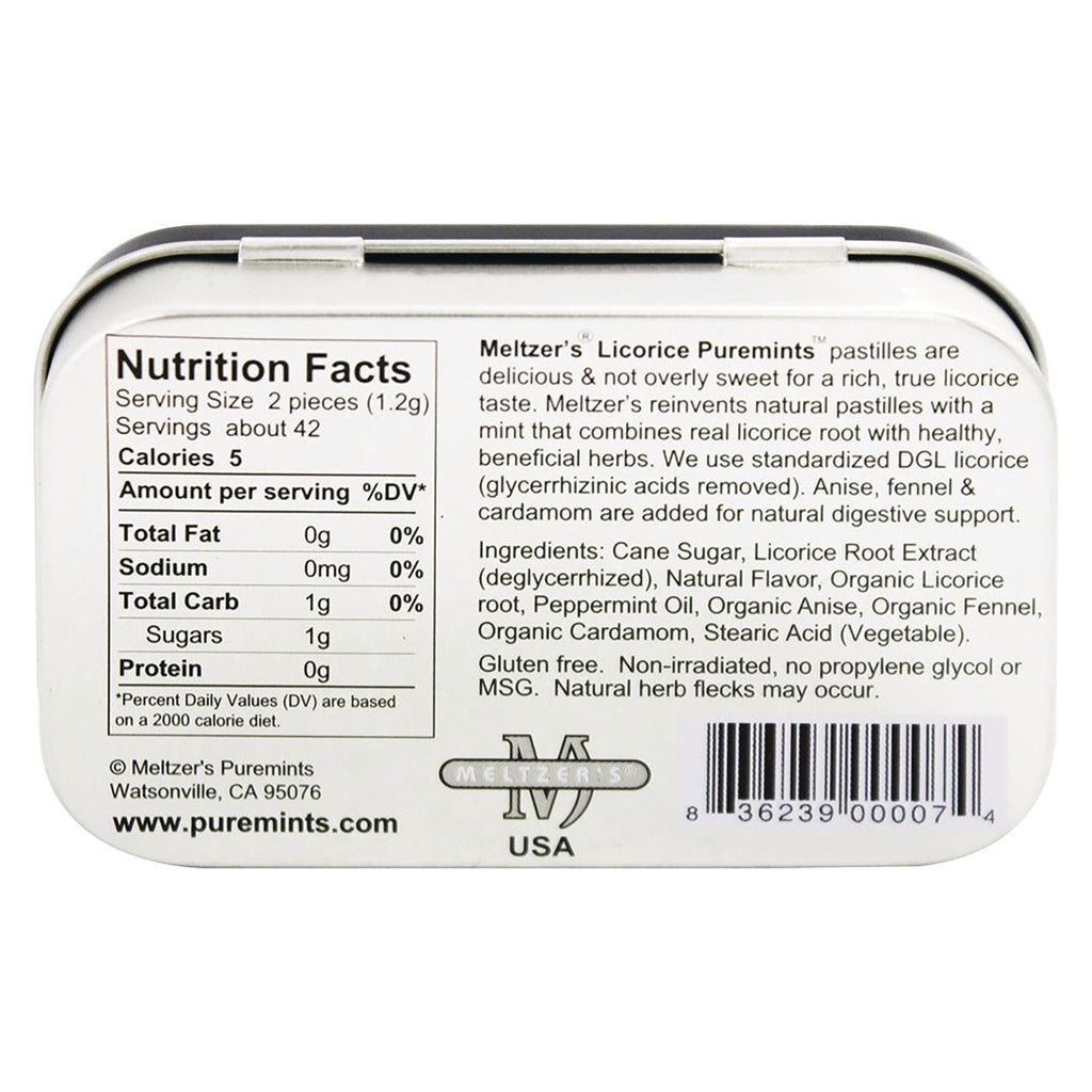 MLZ001 | back of white metal mint tin showing Nutrition Facts, ingredients list, Meltzer's Puremints branding and barcode - Thumbnail